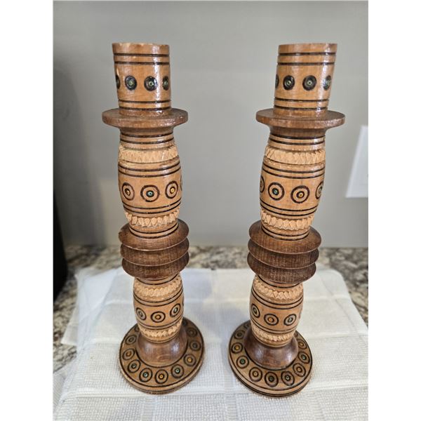 1117 - Vintage hand-carved wooden candle holders. Ukranian Hutsil folk art.  Dated 1993 and signed o