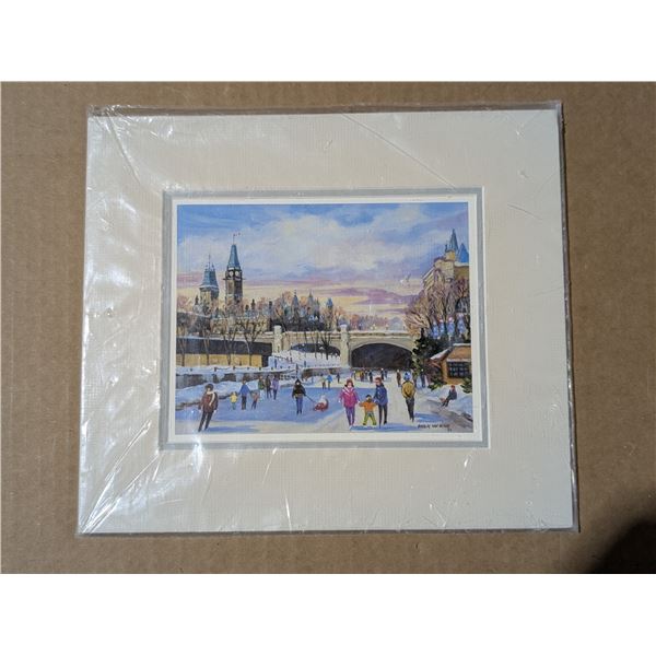 Original Watercolour, Skaters on The Canal by Shirley Van Dusen, Matted 11"x9 1/2"