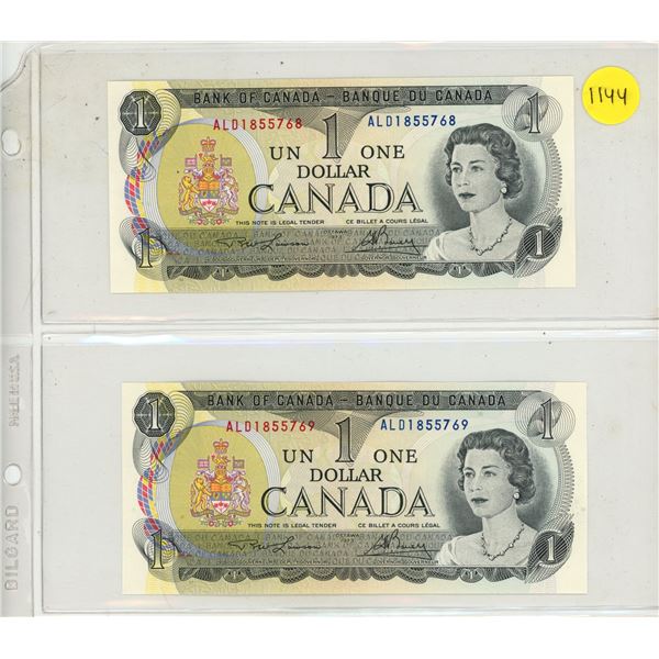 1973 2 Canadian One Dollar Bank Notes In Series