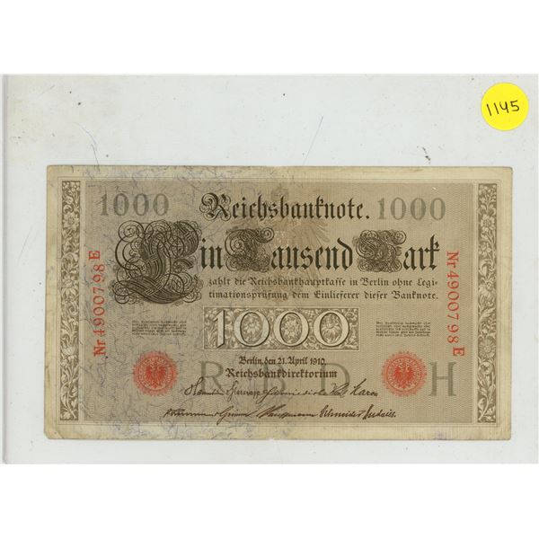 1910 Imperial Germany One Thousand Mark Reichsbanknote