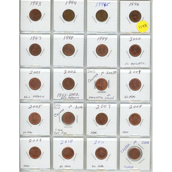 1993-2012 UNC Sheet Of Canadian Small Cents - 20 Coins