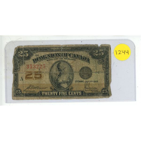 1923 Dominion Of Canada Twenty Five Cent Shinplaster Bank Note