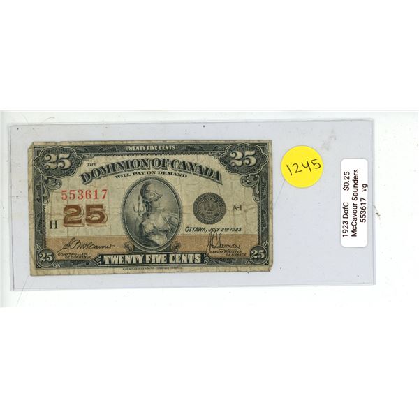 1923 VG Dominion Of Canada Twenty Five Cent Shinplaster Bank Note