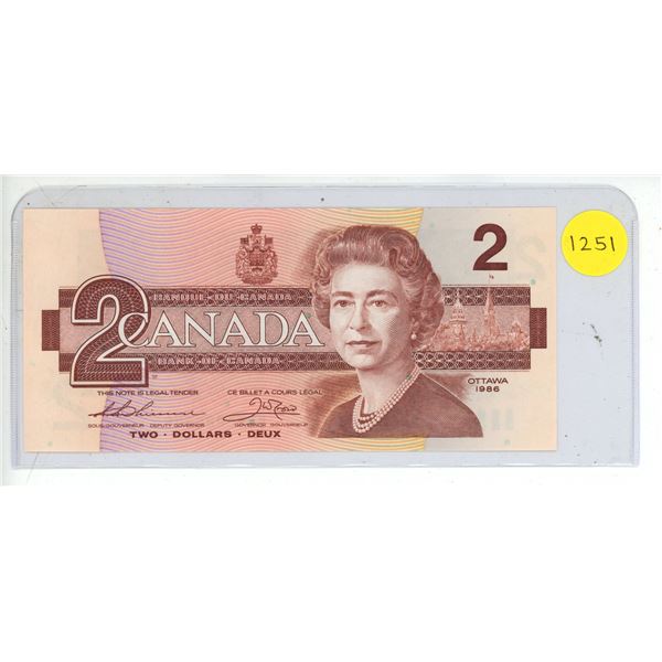 1986 UNC Bank Of Canada Two Dollar Bank Note