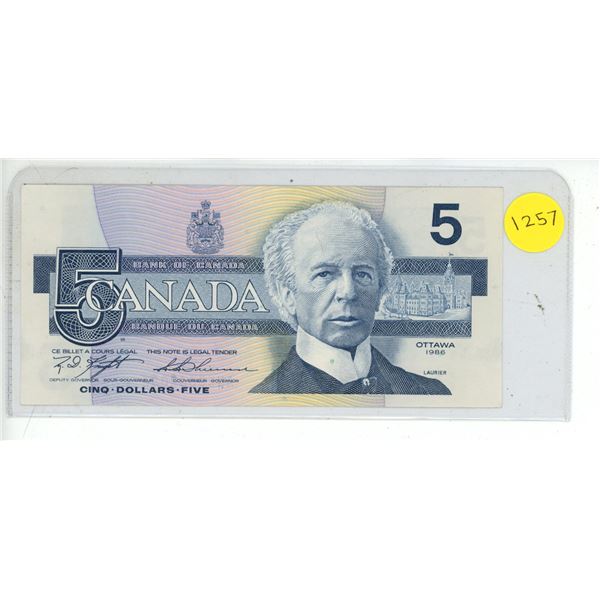 1986 UNC Bank Of Canada Five Dollar Bank Note