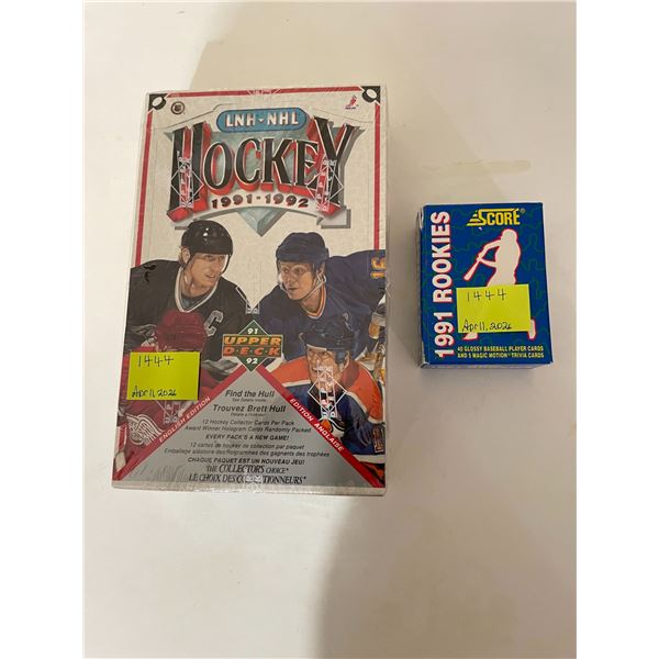 Sealed box of 1991-92 upper deck hockey cards english edition and 1991 score rookies baseball player