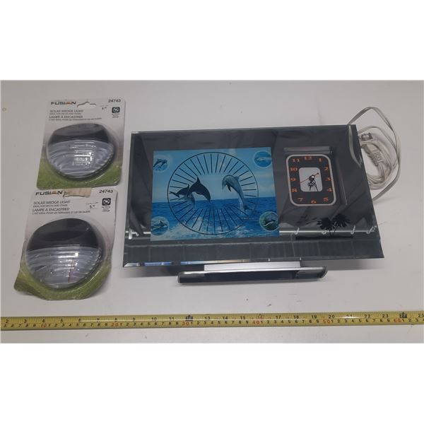 Decorative Dolphin-Themed Neon Clock - Untested. (It Has Two Chips, Check Photos) - (2) Solar Lights