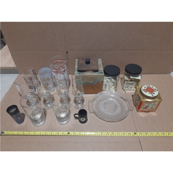 Lot of Glassware, Splenda Container, Tin, Misc. Items, etc.