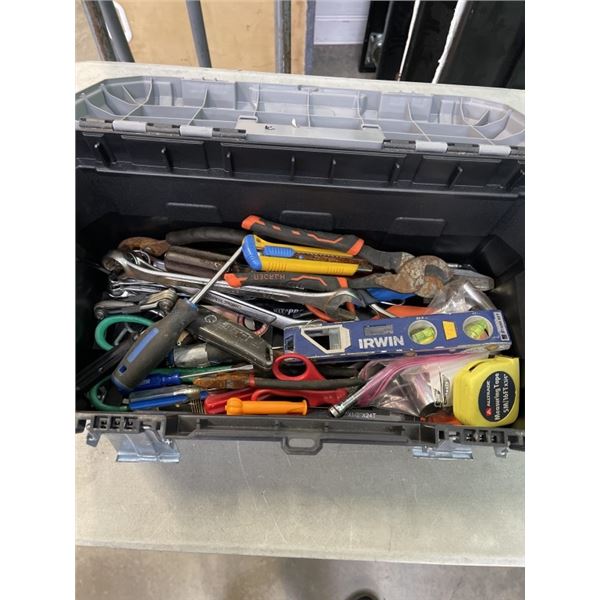 BLACK PLASTIC TOOL BOX WITH ASSORTED HAND TOOLS