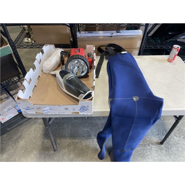 SIZE LARGE FISHING WAIDERS, CAR VAC AND SPOTLIGHT