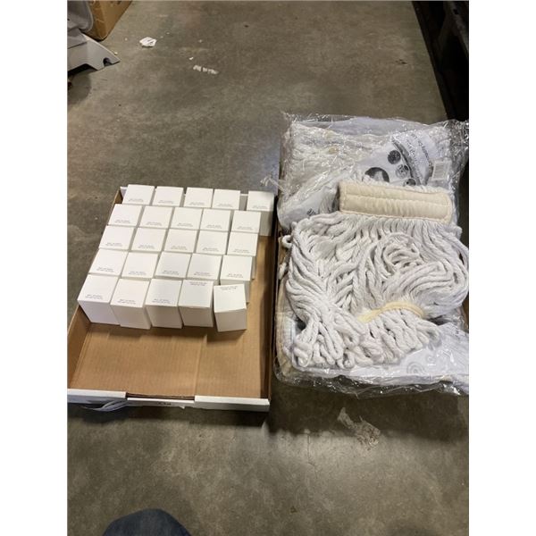 TRAY OF NEW MOP HEAD REPLACEMENTS AND TRAY OF NEW 5W LED BULBS