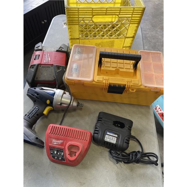 MASTERCRAFT DRILL, 2 MILWAUKEE BATTERY CHARGERS, AND TOOL BOX