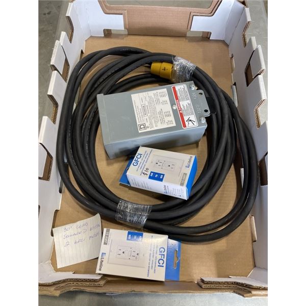 NEW SQAURE D ENCLOSED SWITCH BOX, HEAVY DUTY 30FT POWER CORD, AND 2NEW GFCI PLUG