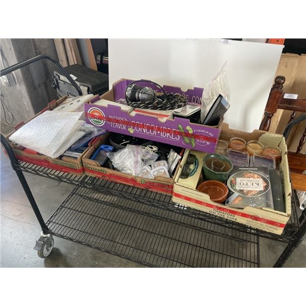4 TRAYS OF ASSORTED MISC HOUSEHOLD AND ELECTRONICS