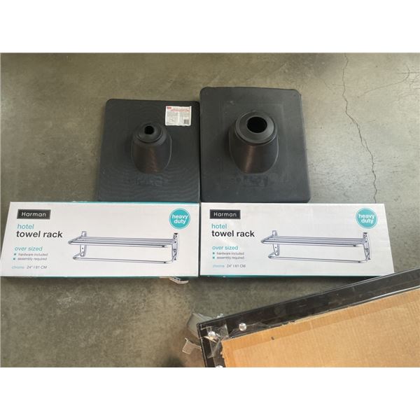 NEW OATEY ROOF FLASHINGS AND 2 NEW BATHROOM TOWEL RACKS