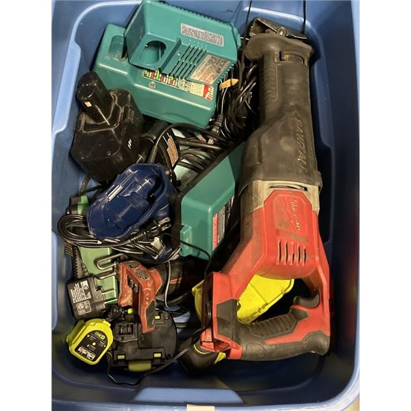 TOTE OF POWER TOOL WITH BATTERIES AND BATTERY CHARGERS