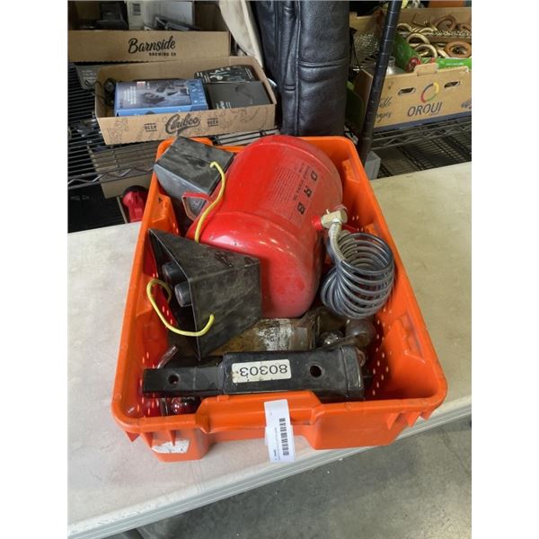 ASSORTED VEHICLE HITCH AND RECEIVERS, AIR TANK, WHEEL CHOCKS ETC