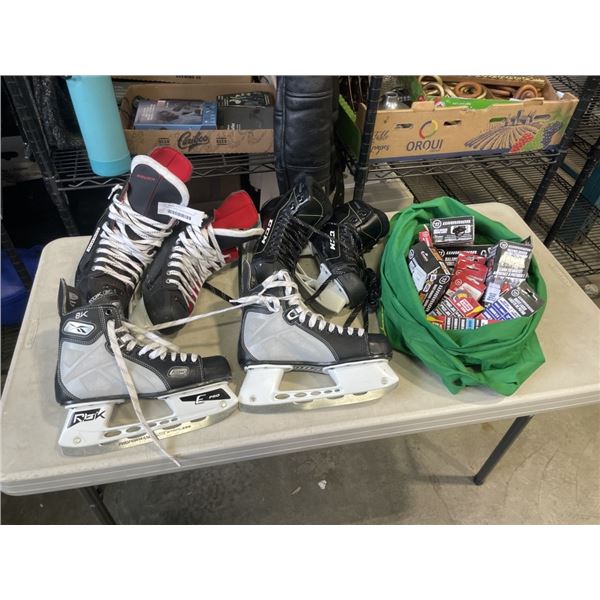 3 PAIRS OF HOCKEY SKATES AND BAG OF LACES