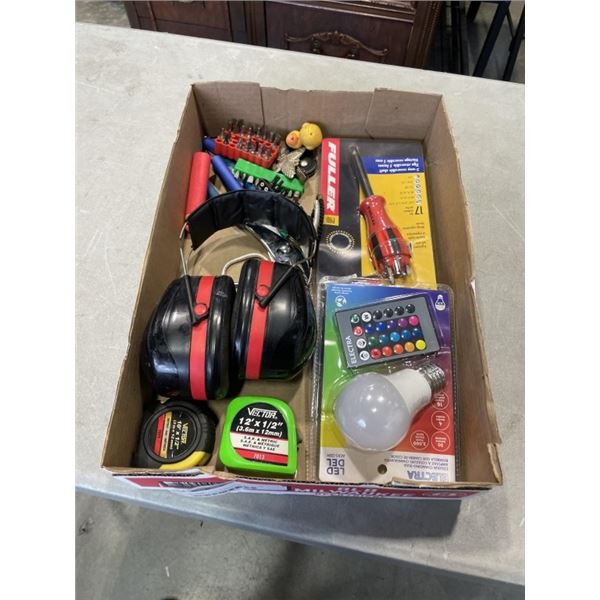 TRAY OF HAND TOOLS WITH NEW FULLER BIT DRIVER SET, AND LED COLOR CHANGING BULB AND REMOTE