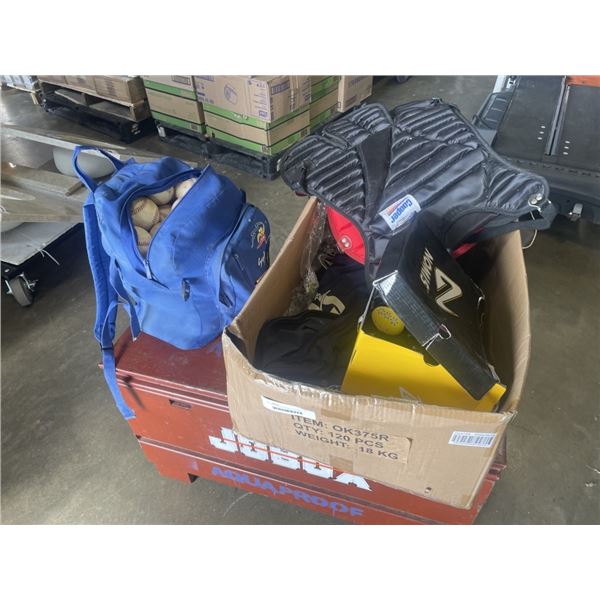 LOT OF BASEBALL EQUIMENT CATCHER'S CHEST PADS, APPROX 40 REGULATION BASEBALLS AND BATTING GLOVES