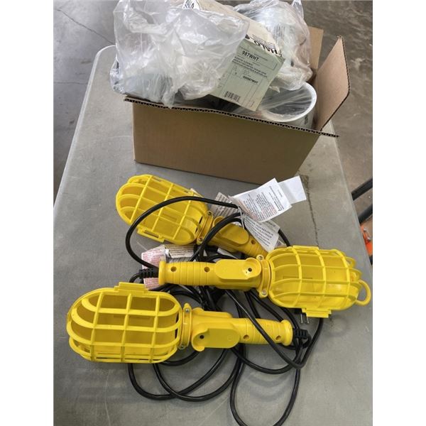 3 YELLOW WORKLIGHTS AMND ASSORTED ELECTRIAL LIGHT BOXES
