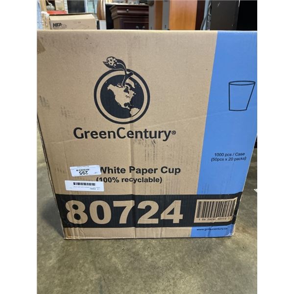 NEW CASE OF GREEN CENTURY 12OZ WHITE PAPER CUPS, 1000 CUPS PER CASE, 20 SLEEVES OF 50 CUPS