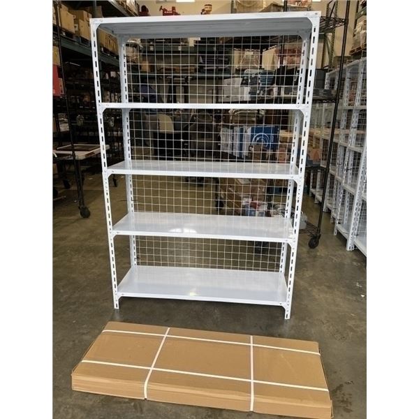 NEW WHITE METAL SHELVING UNIT WITH REAR CAGE BACKING 48" WIDE, 70 INCH TALL, 16 INCH DEEP, 5 TIER