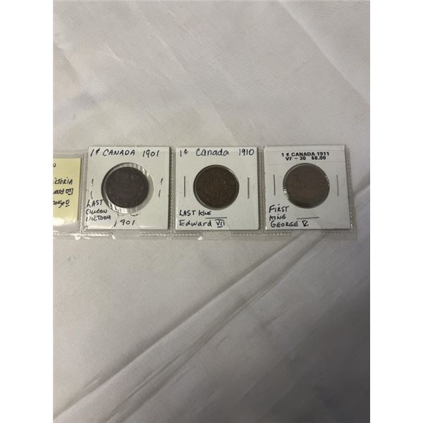 3 CANADIAN LARGE CENTS 1901 LAST QUEEN VICTORIA, 1910 LAST KING EDWARD VII, 1911 FIRST KING GOERGE V