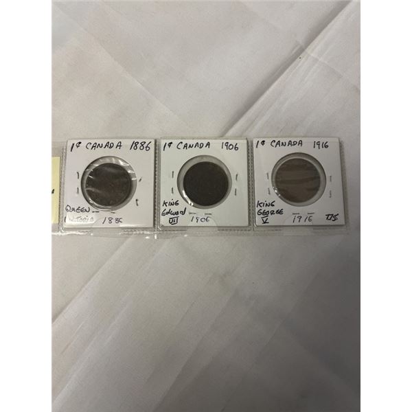 3 CANADIAN LARGE CENTS 1886 QUEEN VICTORIA, 1906 KING EDWARD VII, 1916 KING GEORGE V