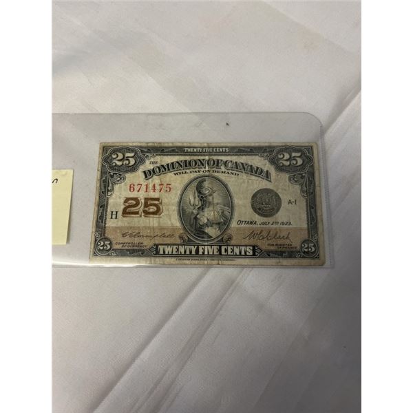 1923 DOMINION OF CANADA 25 CENT BILL - JULY 2, 1923