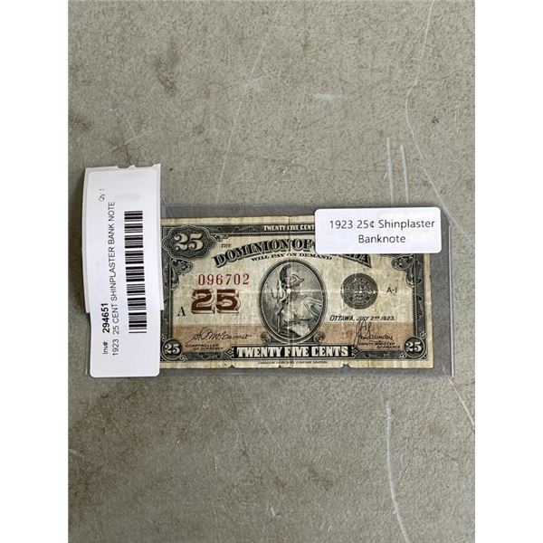 1923  25 CENT SHINPLASTER BANK NOTE