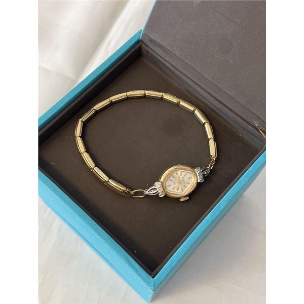 VINTAGE 10K ROLLED GOLD PLATED BULOVIA 23 SWISS MANUAL WIND UP LADIES WATCH WORKING W/ 4 TINY REAL D