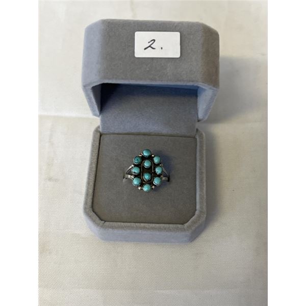 VINTAGE STERLING SILVER NATIVE AMERICAN ZUNI RING W/ 10 SKY BLUE TURQUOISE STONES, 6.5