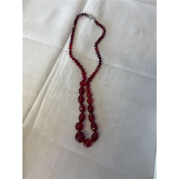 VINTAGE FACETED RED CRYSTAL BEADS NECKLACE 18" LENGTH