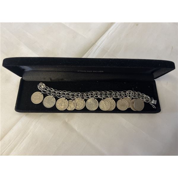 VINTAGE STERLING SILVER CHARM BRACELET W/ COINS MARKED AM STER PAT 3308517