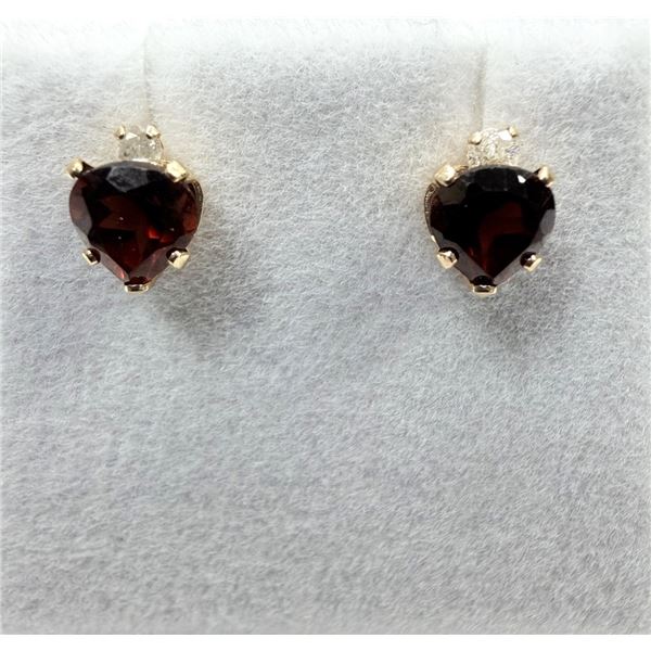 10KT YELLOW GOLD NATURAL GARNET AND DIAMOND HEART SHAPE EARRINGS, RETAIL $500.00.