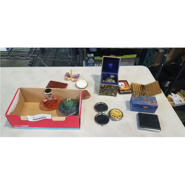 ASSORTED ANTIQUE LEATHER WALLETS AND PERFUME BOTTLES