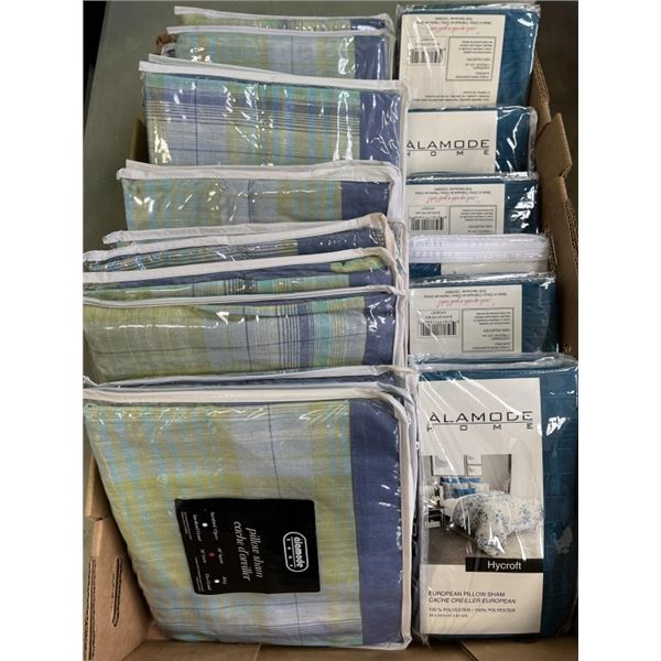 ASSORTED NEW DECORATE PILLOW SHAMS. SIZES 24 INCH SQUARE AND 26 INCH SQUARE