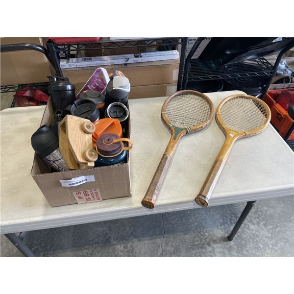 ASSORTED WATER BOTTLE SAND 2 VINTAGE TENNIS RACQUETS
