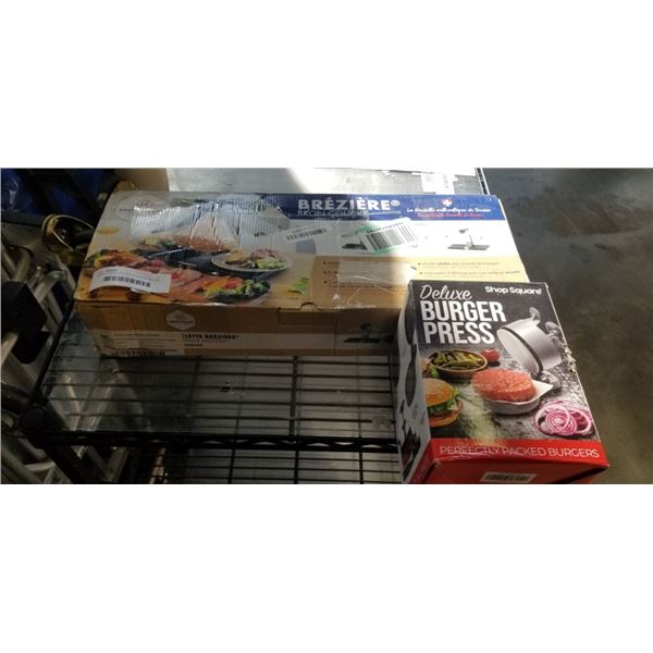 BRON COUCKE RACLETTE CHEESE MELTER HALF WHEEL OF CHEESE MELTER AND A DELUXE BURGER PRESS