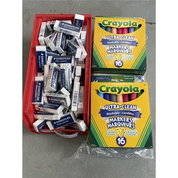 6 NEW PACKS OF CRAYOLA MARKERS AND PARTS BINS FULL OF NEW  ERASERS