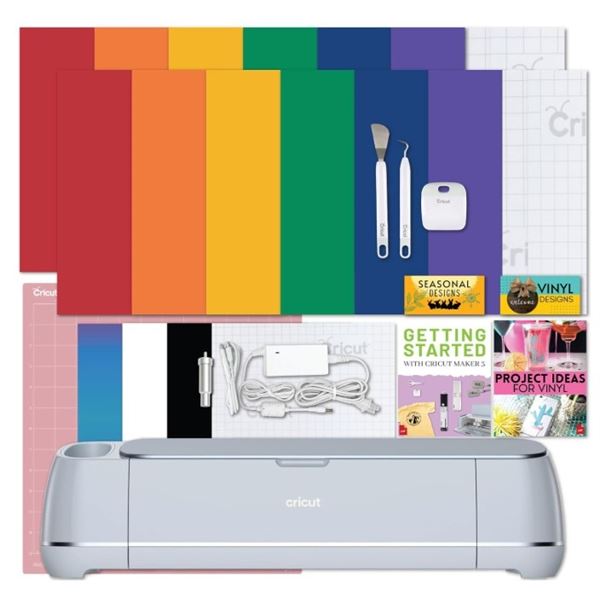 AS NEW CRICUT MAKER 3 WITH 4 ROLLS OF VINYL AND STARTER TOOL KIT