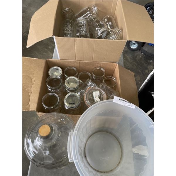 2 BOXES OF JARS AND GLASS JUG