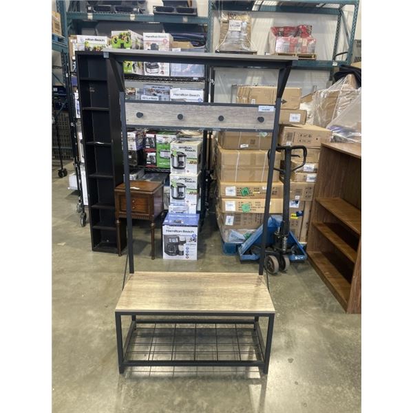 MODERN WOOD AND METAL ENTRYWAY COAT RACK BENCH