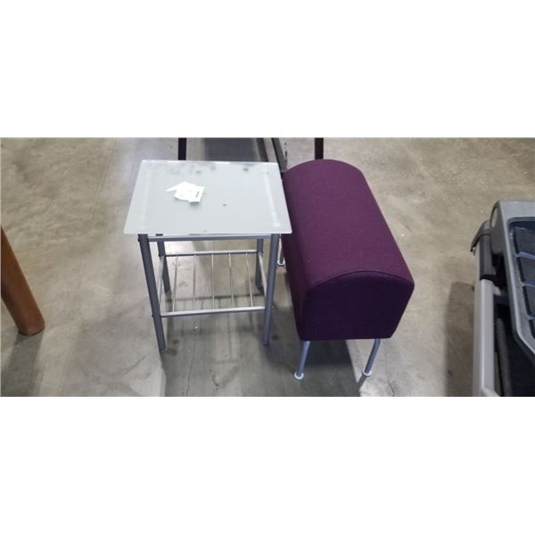 PURPLE FOOT STOOL AND GLASS ENDTABLE