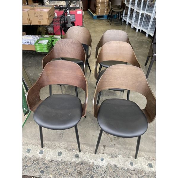 SET OF 6 MODERN BENTWOOD AND BLACK LEATHER DINING CHAIRS