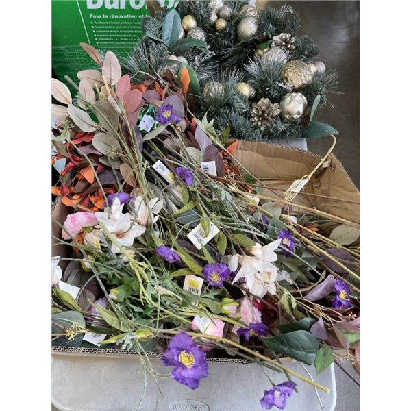 BOX OF ARTIFICAL FLOWERS AND WREATH