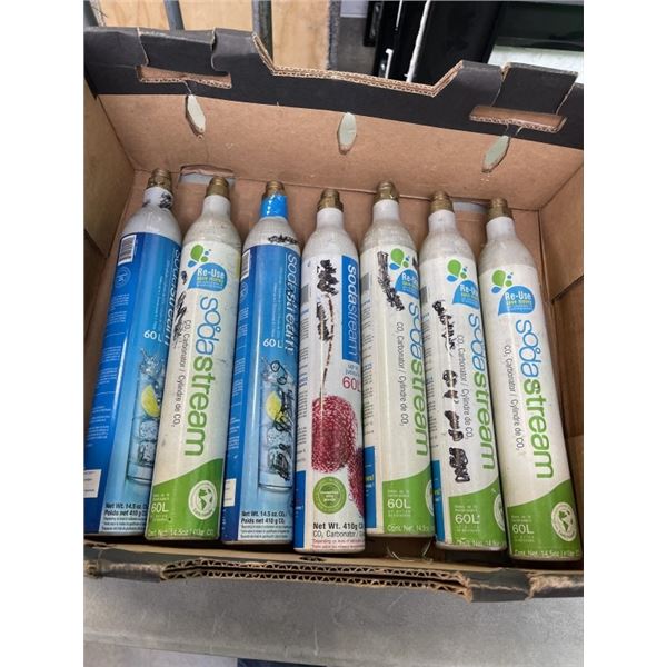 7 EMPTY SODA STREAM CANNISTERS AND FULL CO2 CANNISTER 8.5LB