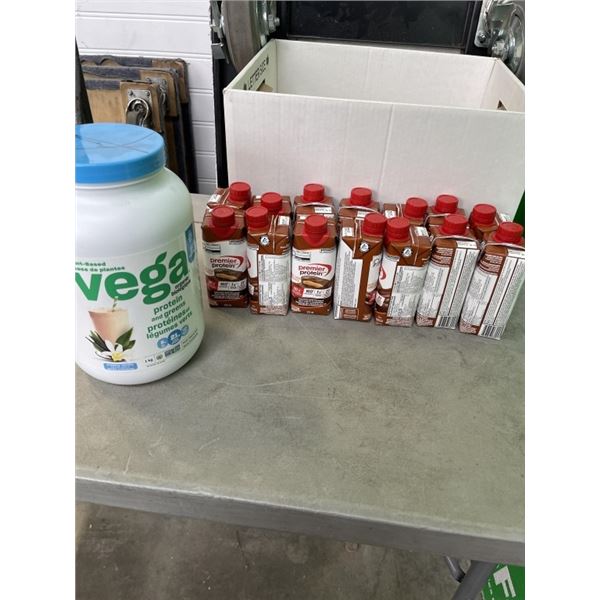 PREMIER PROTEIN DRINKS AND TUB OF VEGA PROTEIN POWDER
