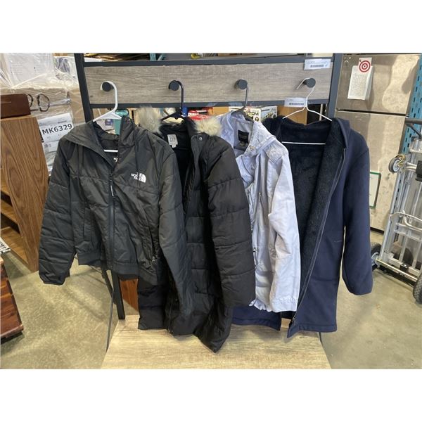 4 LADIES WINTER COATS INLCUDING NORTH FACE, SZIE M AND SMALL, X-SMALL
